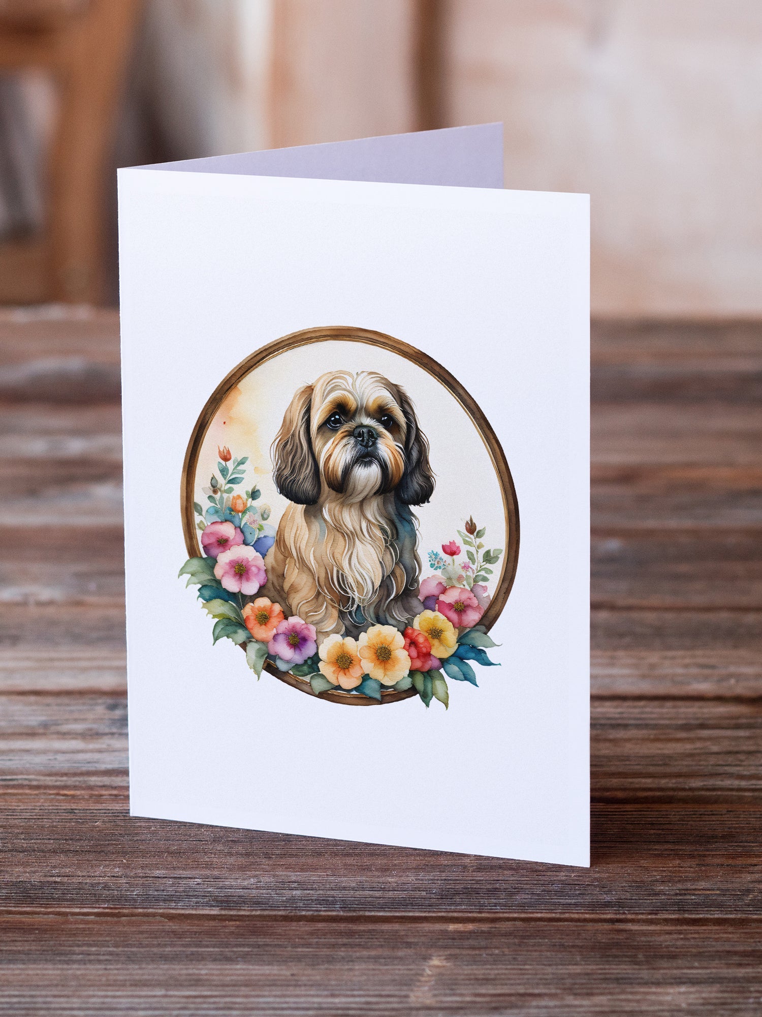 Lhasa Apso and Flowers Greeting Cards Pack of 8 Blank Cards with Envelopes Whimsical A7 Size 5x7