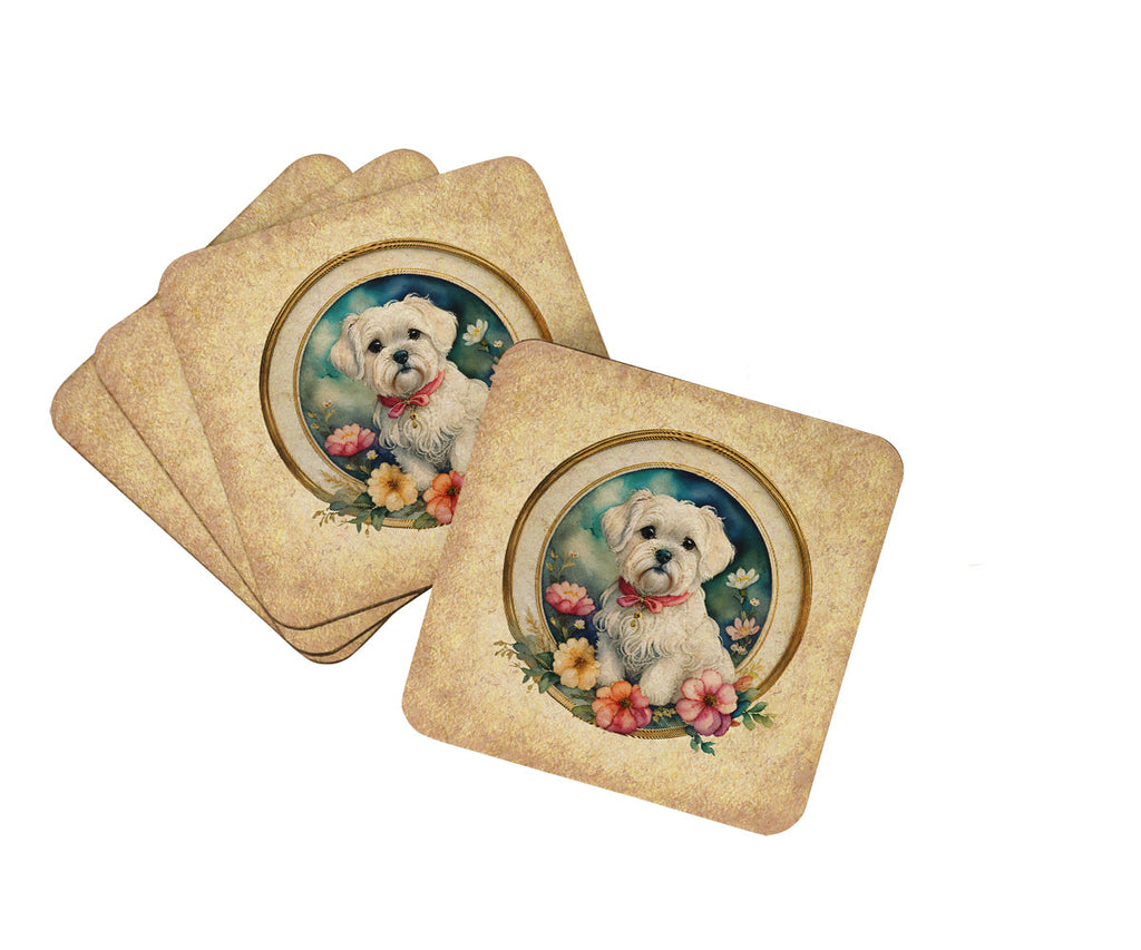 Maltese and Flowers Foam Coasters Set of 4 Cup Coasters for Indoor Outdoor, Tabletop Protection, Anti Slip, Mouse pad Material