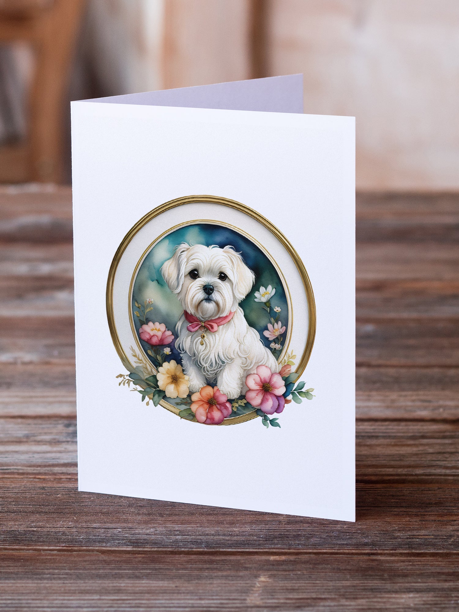 Maltese and Flowers Greeting Cards Pack of 8 Blank Cards with Envelopes Whimsical A7 Size 5x7