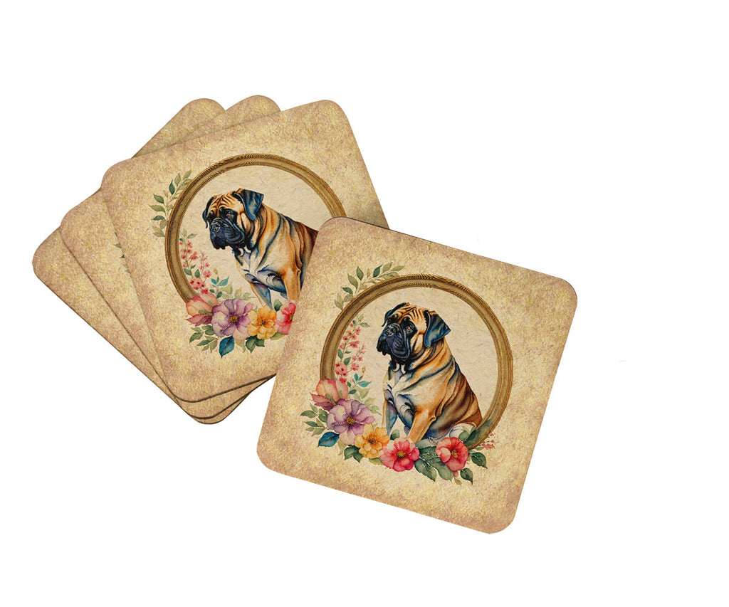 Mastiff and Flowers Foam Coasters Set of 4 Cup Coasters for Indoor Outdoor, Tabletop Protection, Anti Slip, Mouse pad Material