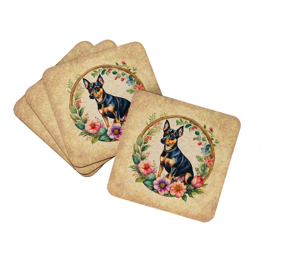 Miniature Pinscher and Flowers Foam Coasters Set of 4 Cup Coasters for Indoor Outdoor, Tabletop Protection, Anti Slip, Mouse pad Material