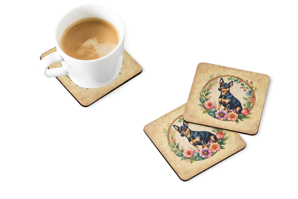 Miniature Pinscher and Flowers Foam Coasters Set of 4 Cup Coasters for Indoor Outdoor, Tabletop Protection, Anti Slip, Mouse pad Material