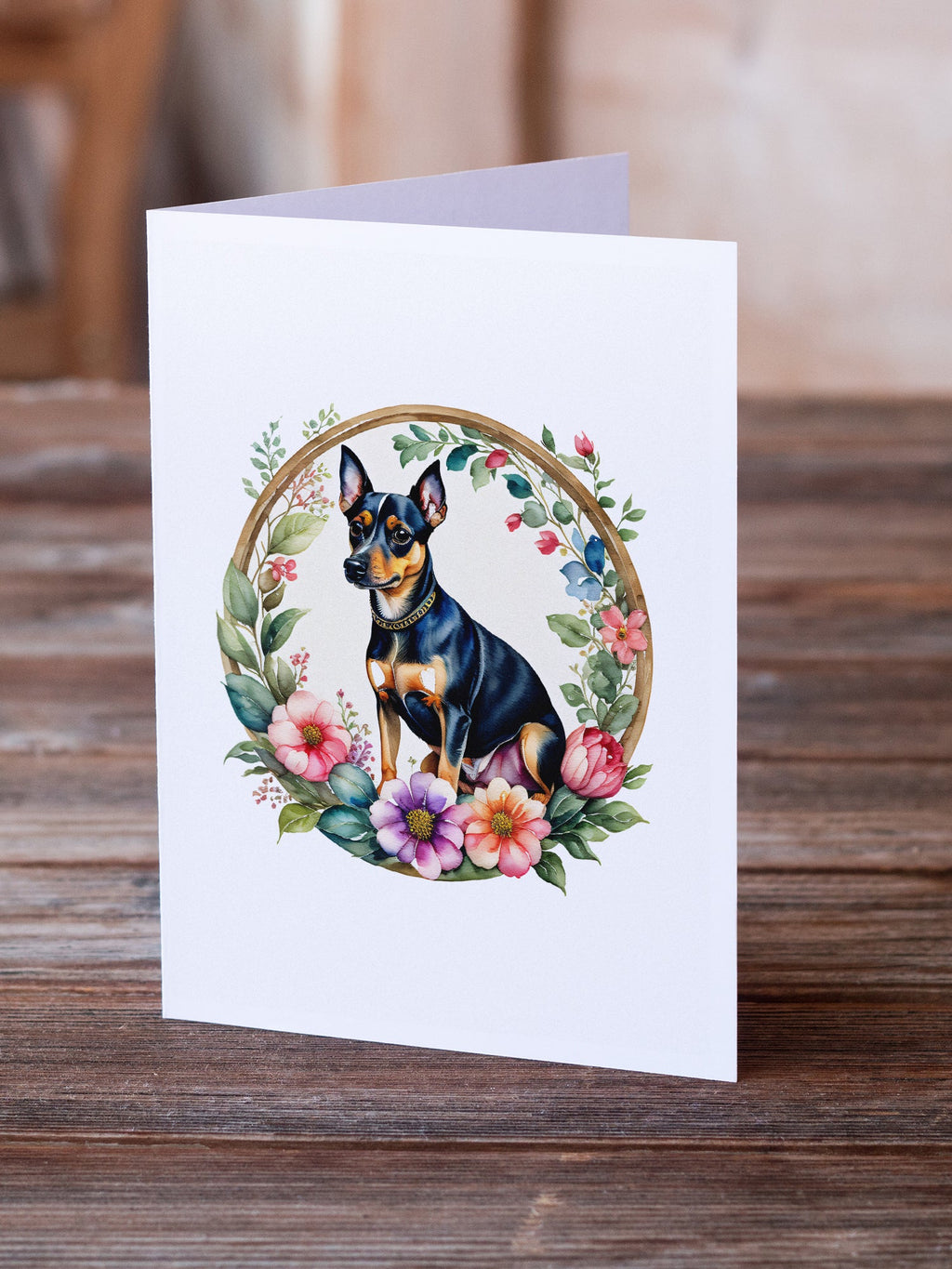 Miniature Pinscher and Flowers Greeting Cards Pack of 8 Blank Cards with Envelopes Whimsical A7 Size 5x7