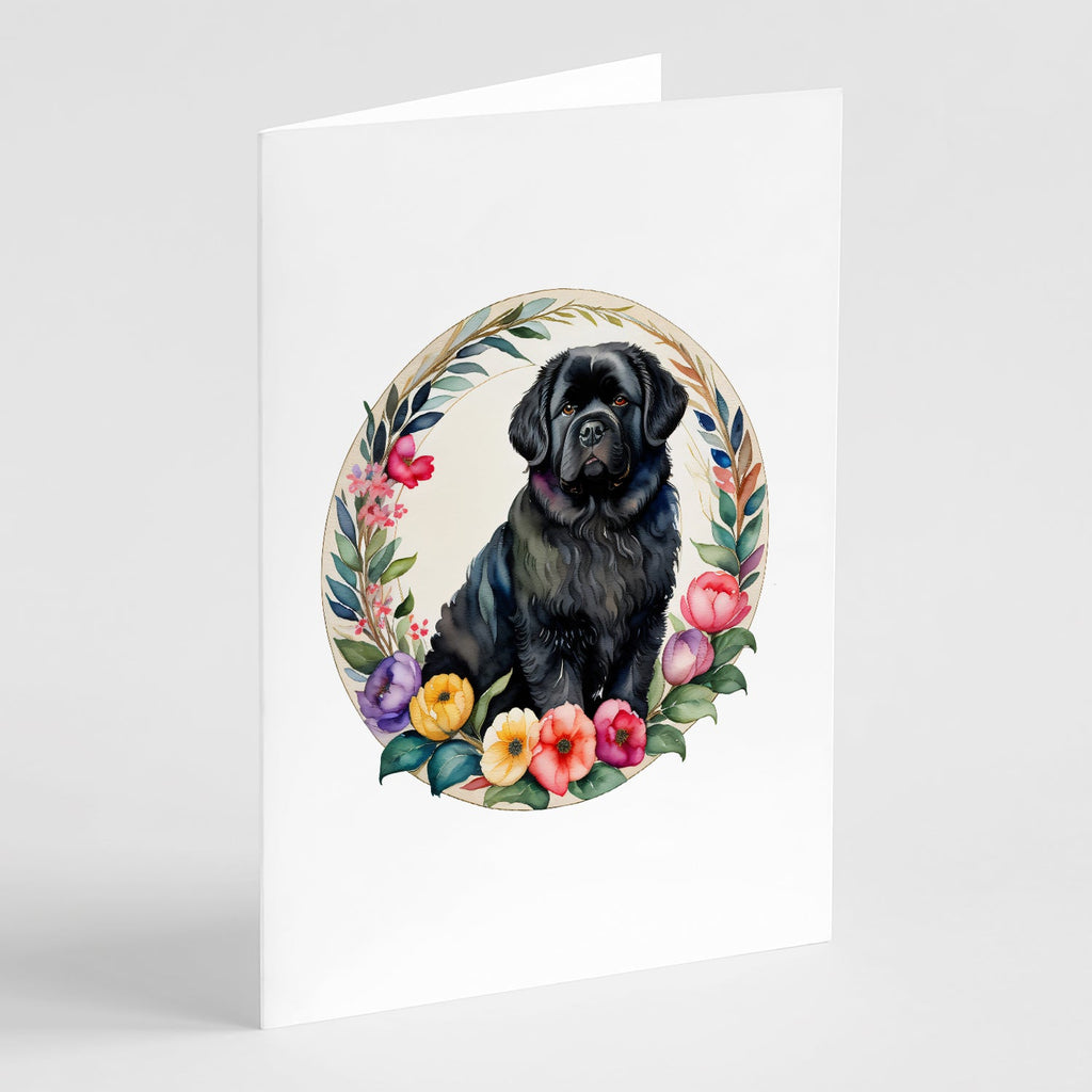 Newfoundland and Flowers Greeting Cards Pack of 8 Blank Cards with Envelopes Whimsical A7 Size 5x7