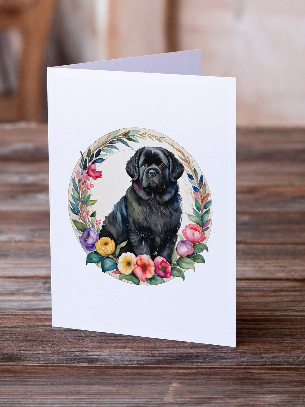 Newfoundland and Flowers Greeting Cards Pack of 8 Blank Cards with Envelopes Whimsical A7 Size 5x7