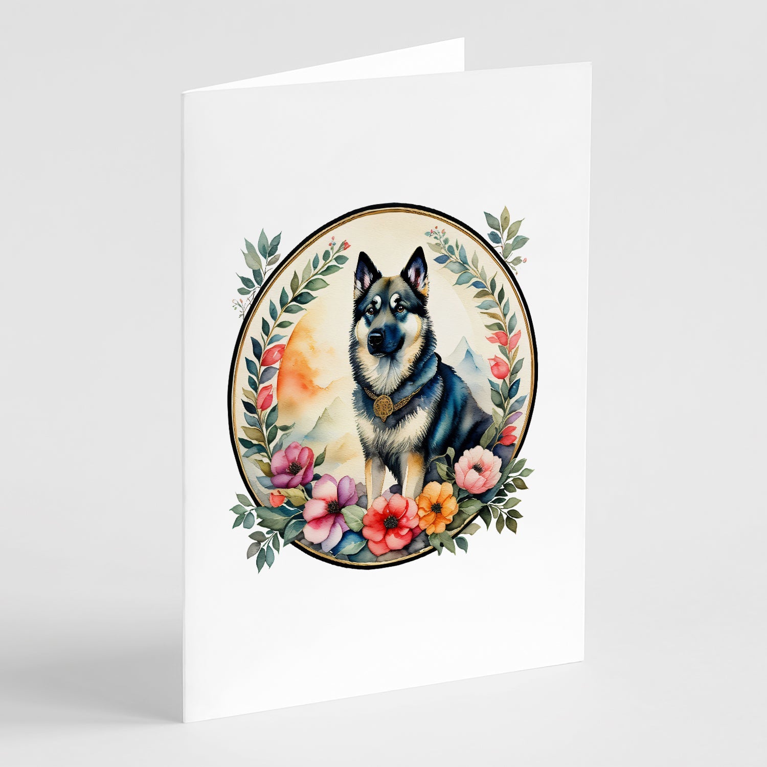 Norwegian Elkhound and Flowers Greeting Cards Pack of 8 Blank Cards with Envelopes Whimsical A7 Size 5x7