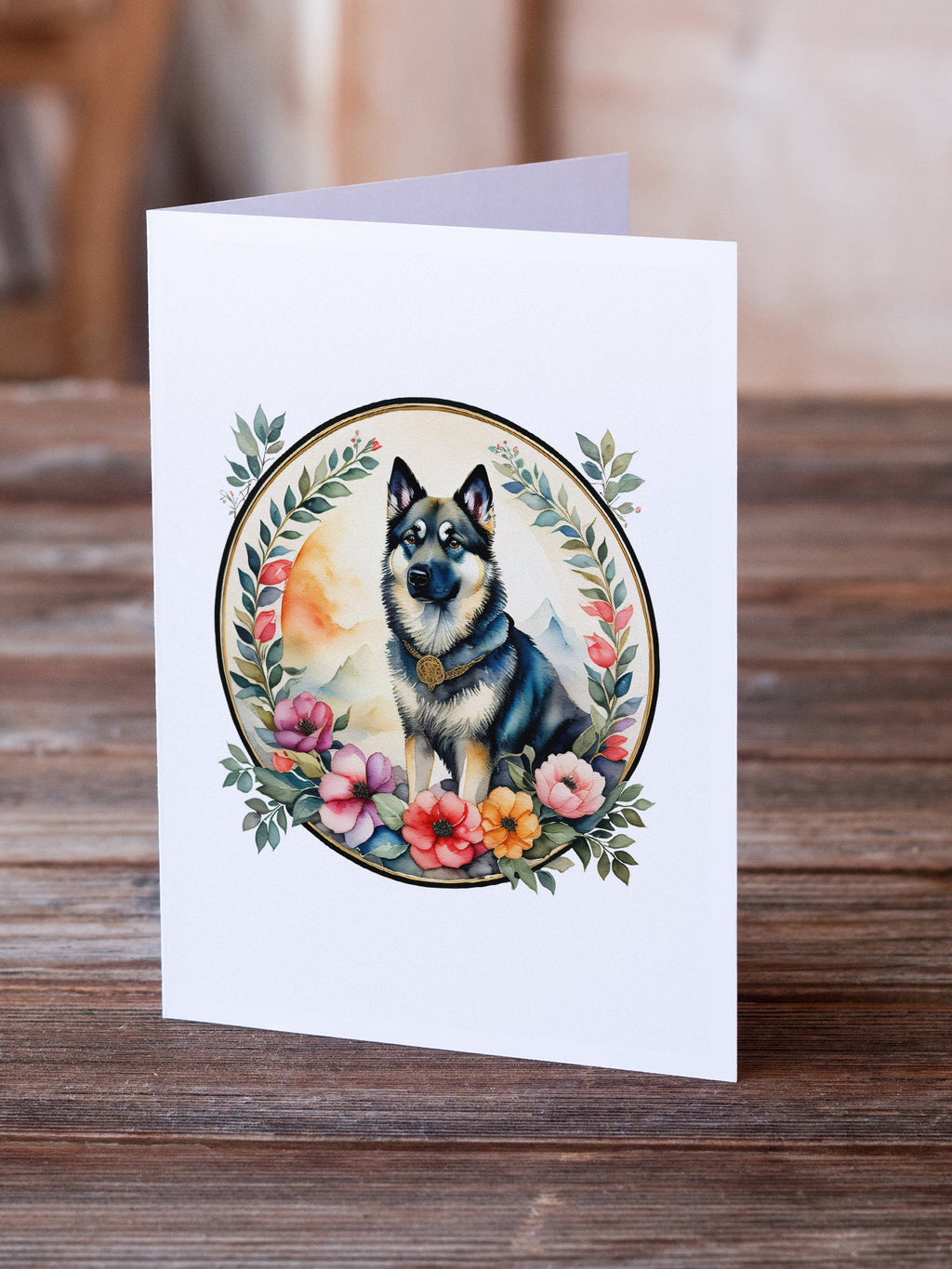 Norwegian Elkhound and Flowers Greeting Cards Pack of 8 Blank Cards with Envelopes Whimsical A7 Size 5x7