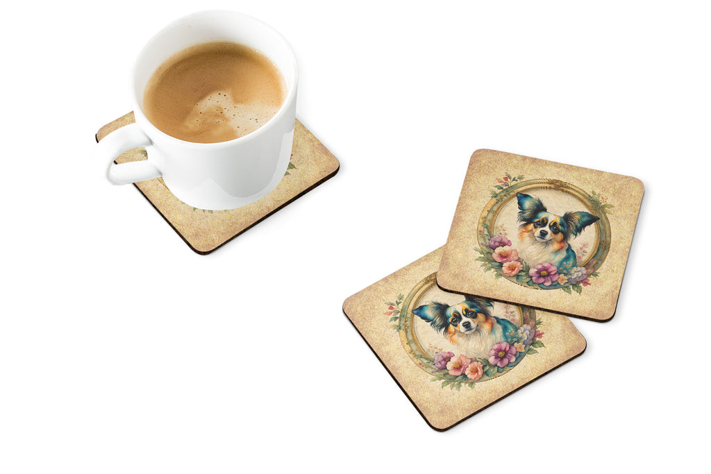 Papillon and Flowers Foam Coasters Set of 4 Cup Coasters for Indoor Outdoor, Tabletop Protection, Anti Slip, Mouse pad Material