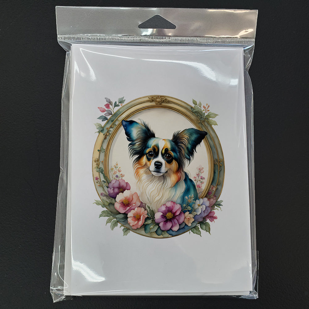 Papillon and Flowers Greeting Cards Pack of 8 Blank Cards with Envelopes Whimsical A7 Size 5x7