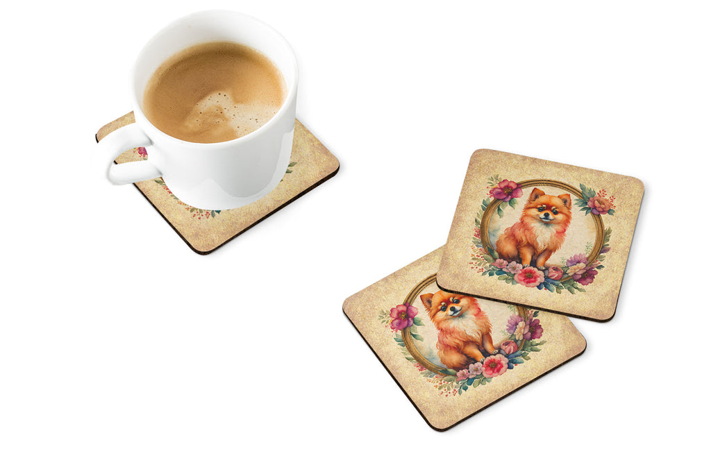 Pomeranian and Flowers Foam Coasters Set of 4 Cup Coasters for Indoor Outdoor, Tabletop Protection, Anti Slip, Mouse pad Material