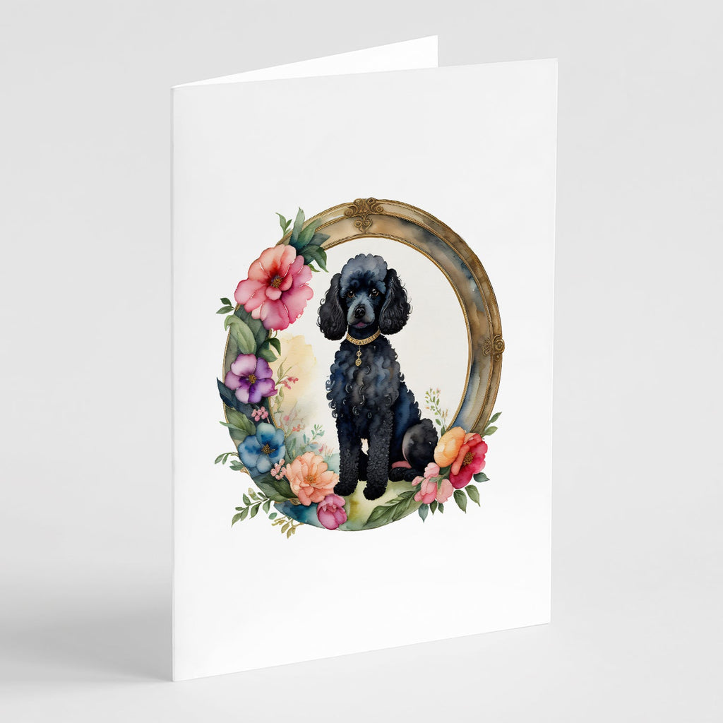 Black Poodle and Flowers Greeting Cards Pack of 8 Blank Cards with Envelopes Whimsical A7 Size 5x7