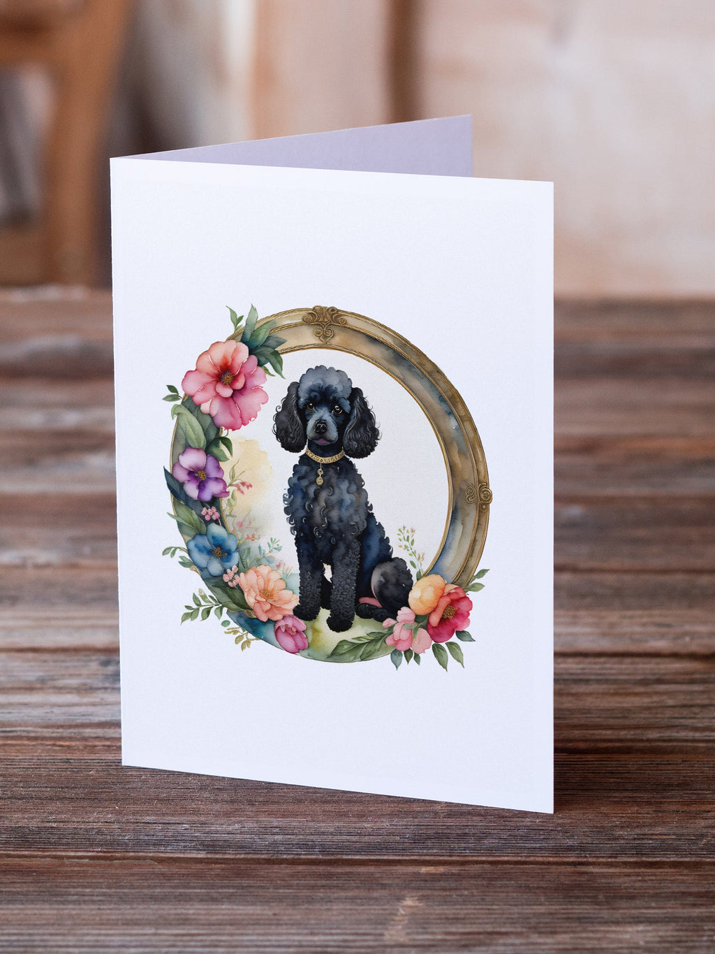 Black Poodle and Flowers Greeting Cards Pack of 8 Blank Cards with Envelopes Whimsical A7 Size 5x7