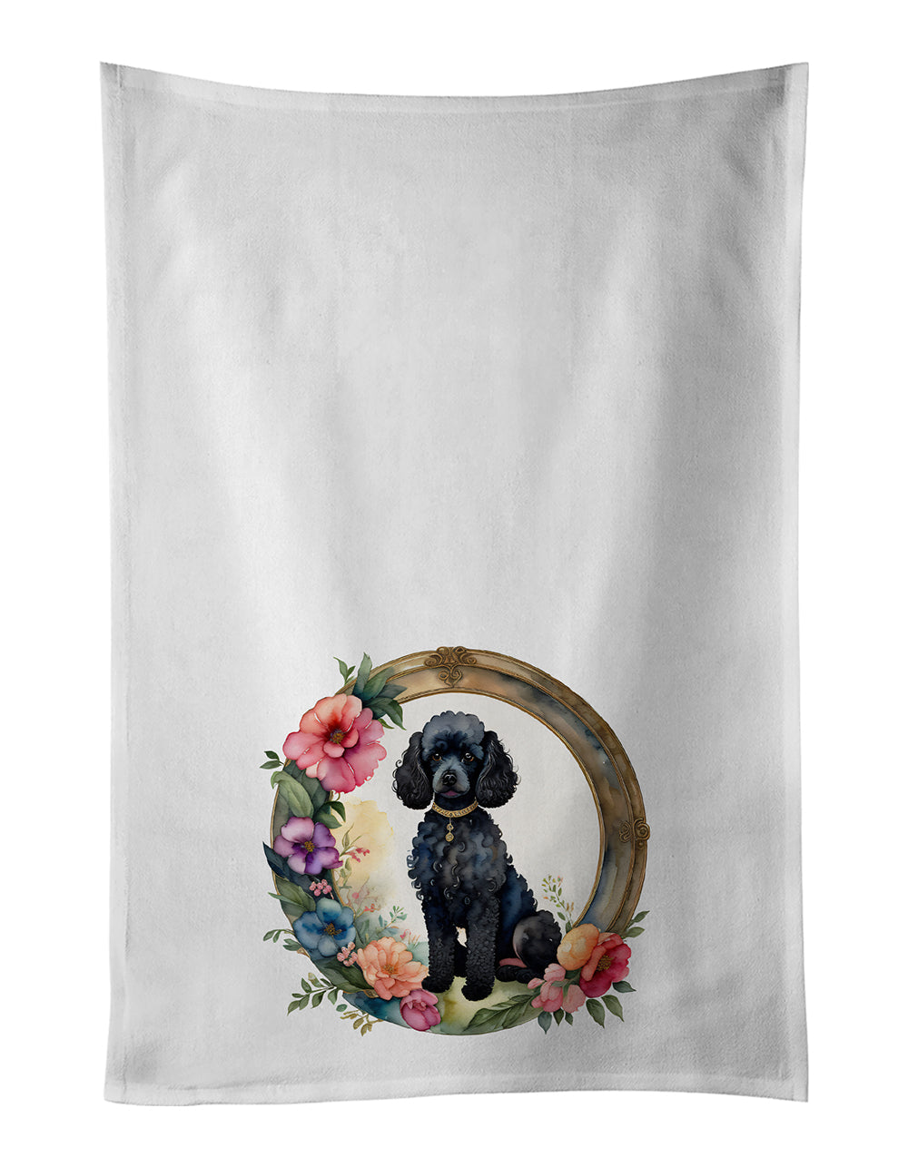 Black Poodle and Flowers Kitchen Towel Set of 2 White Dish Towels Decorative Bathroom Hand towel for Hand, Face, Hair, Yoga, Tea, Dishcloth, 19 X 28", White