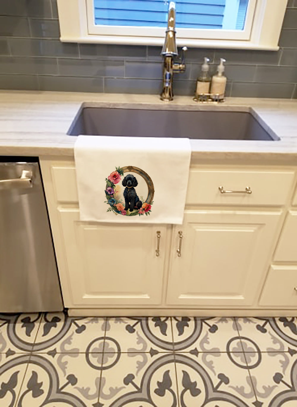 Black Poodle and Flowers Kitchen Towel Set of 2 White Dish Towels Decorative Bathroom Hand towel for Hand, Face, Hair, Yoga, Tea, Dishcloth, 19 X 28", White
