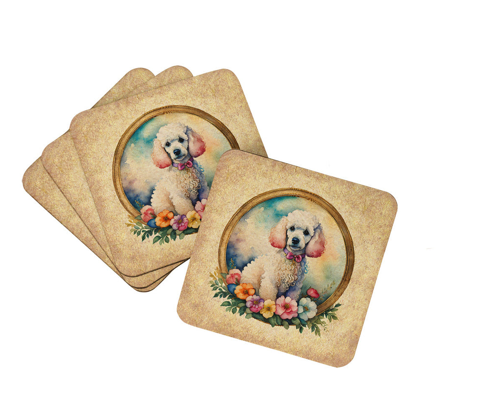 White Poodle and Flowers Foam Coasters Set of 4 Cup Coasters for Indoor Outdoor, Tabletop Protection, Anti Slip, Mouse pad Material