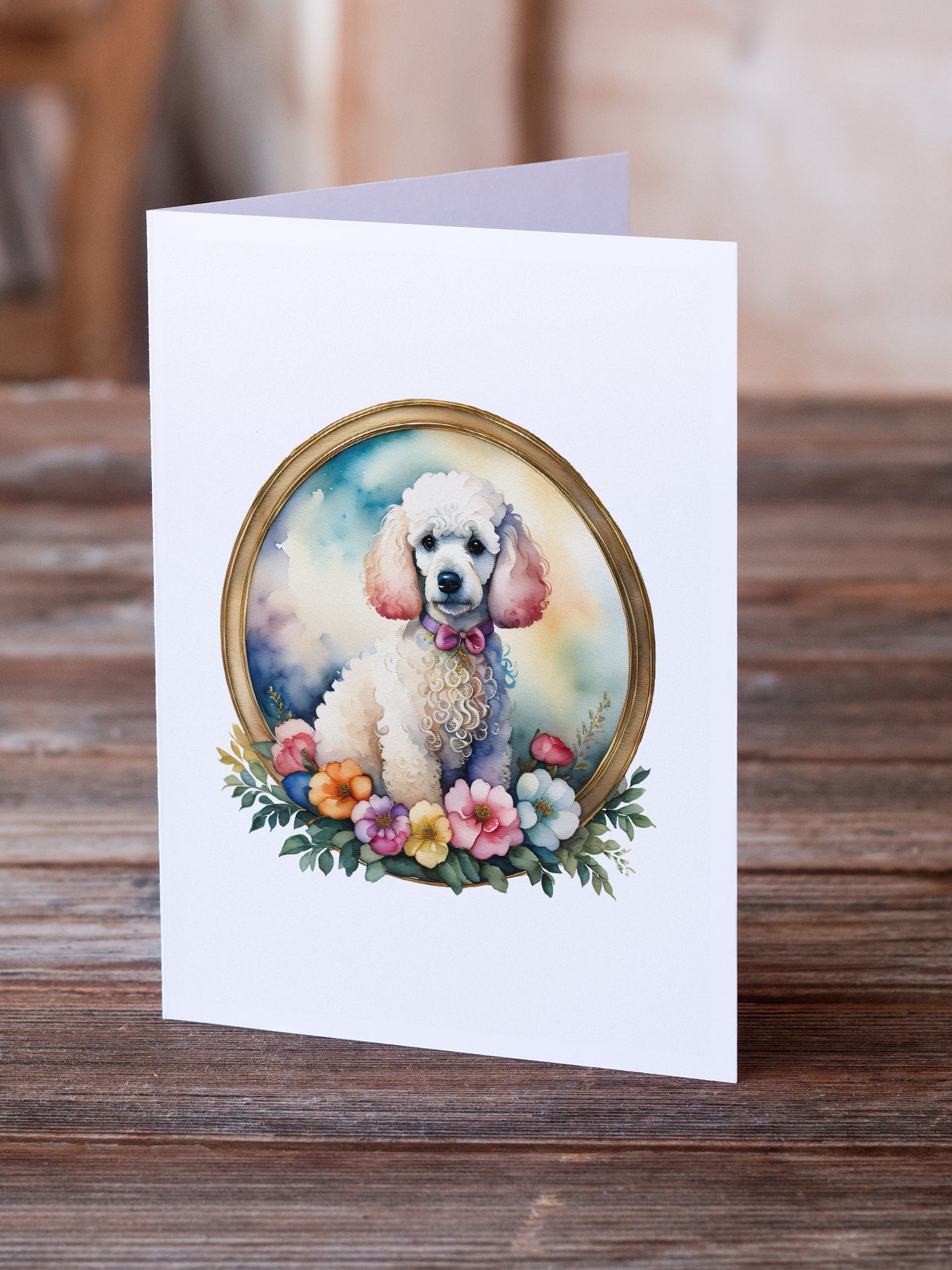 White Poodle and Flowers Greeting Cards Pack of 8 Blank Cards with Envelopes Whimsical A7 Size 5x7