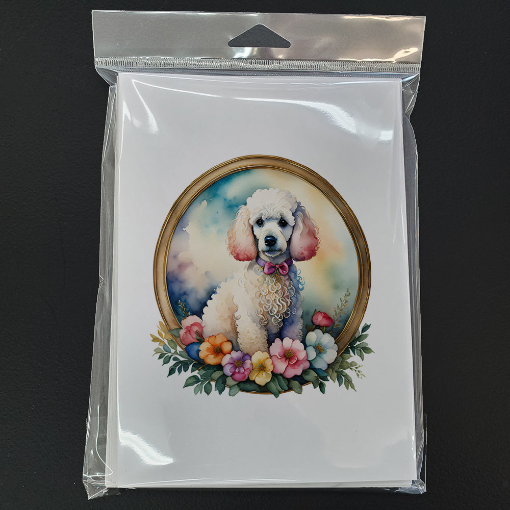 White Poodle and Flowers Greeting Cards Pack of 8 Blank Cards with Envelopes Whimsical A7 Size 5x7