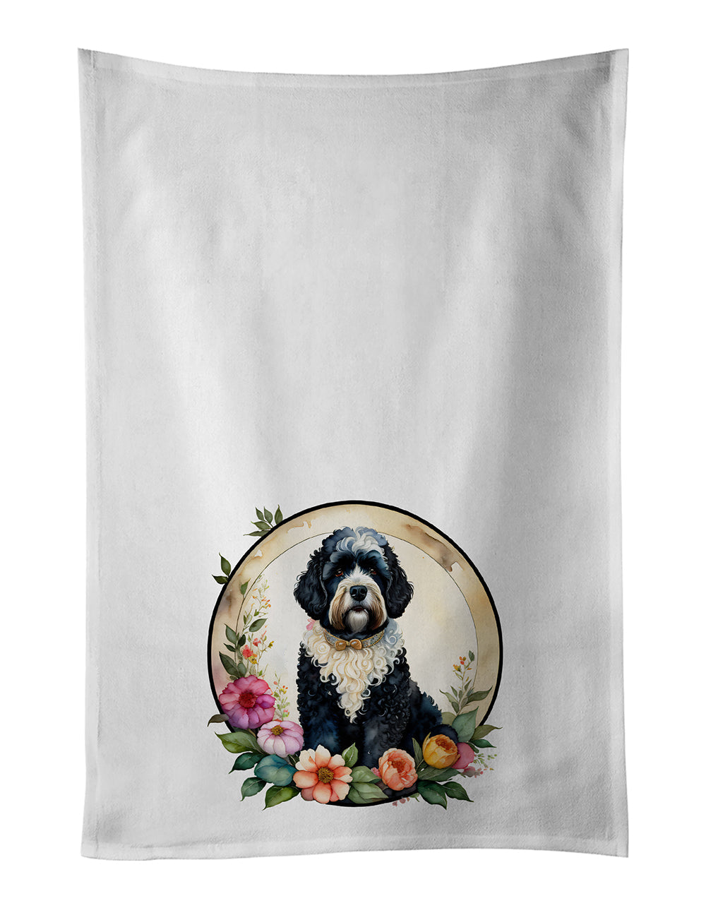 Portuguese Water Dog and Flowers Kitchen Towel Set of 2 White Dish Towels Decorative Bathroom Hand towel for Hand, Face, Hair, Yoga, Tea, Dishcloth, 19 X 28", White