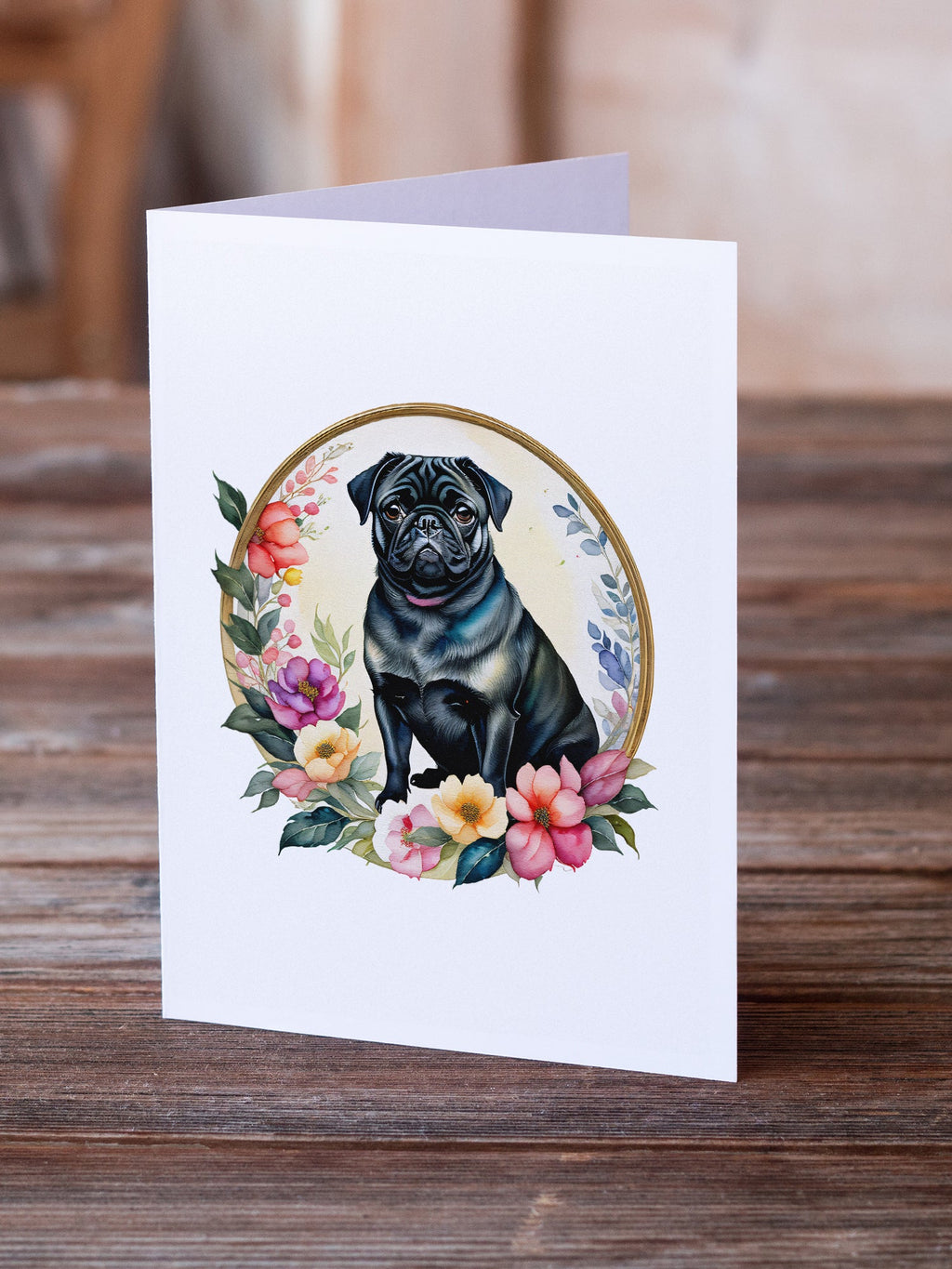 Black Pug and Flowers Greeting Cards Pack of 8 Blank Cards with Envelopes Whimsical A7 Size 5x7