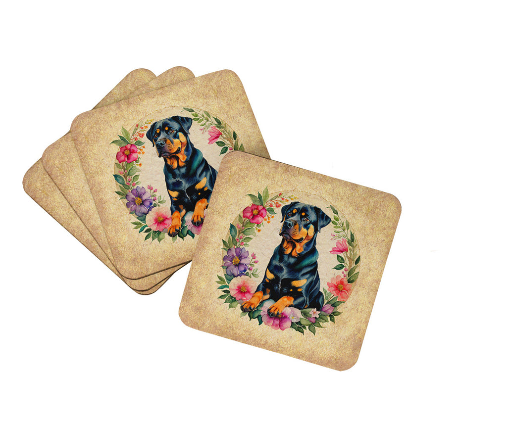 Rottweiler and Flowers Foam Coasters Set of 4 Cup Coasters for Indoor Outdoor, Tabletop Protection, Anti Slip, Mouse pad Material