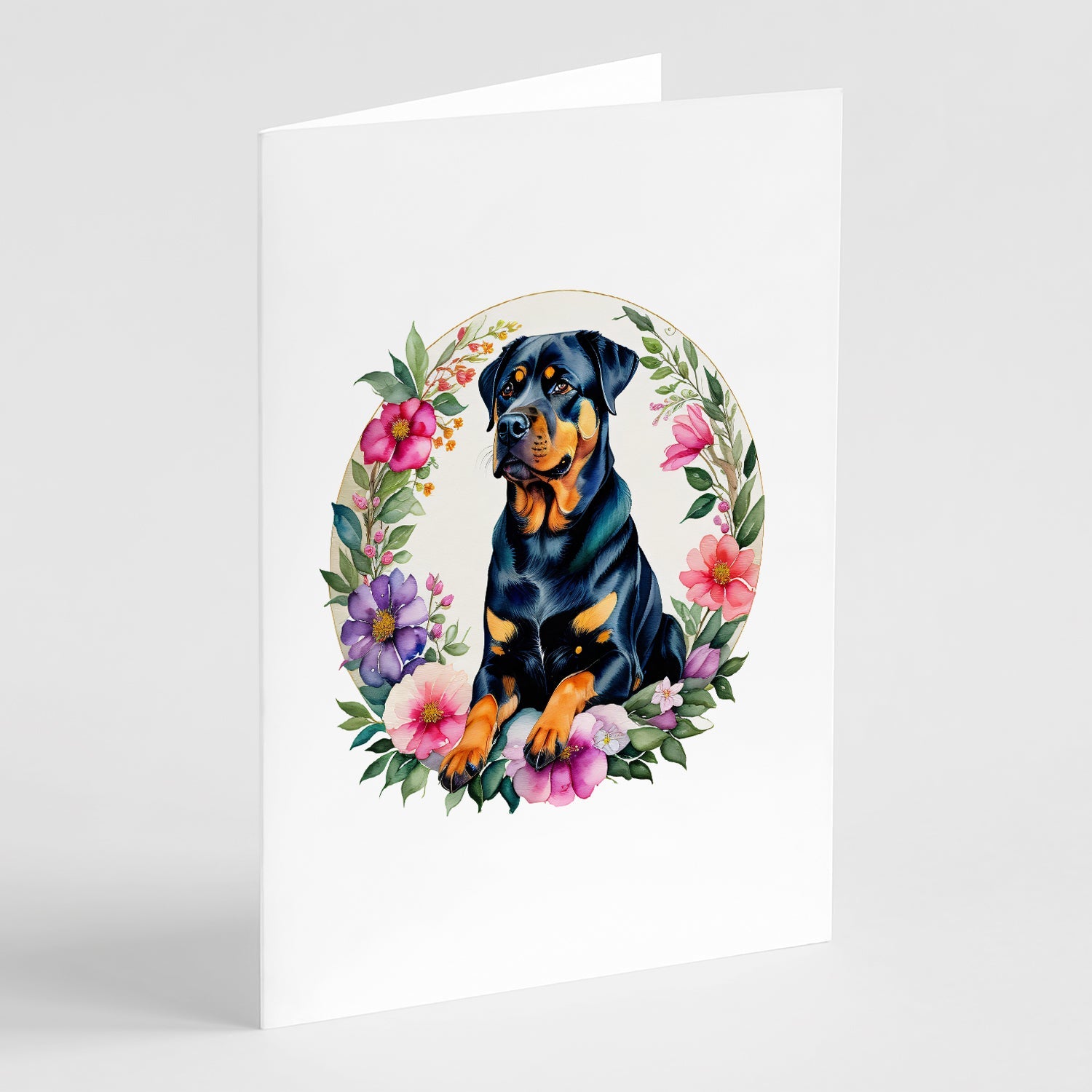 Rottweiler and Flowers Greeting Cards Pack of 8 Blank Cards with Envelopes Whimsical A7 Size 5x7
