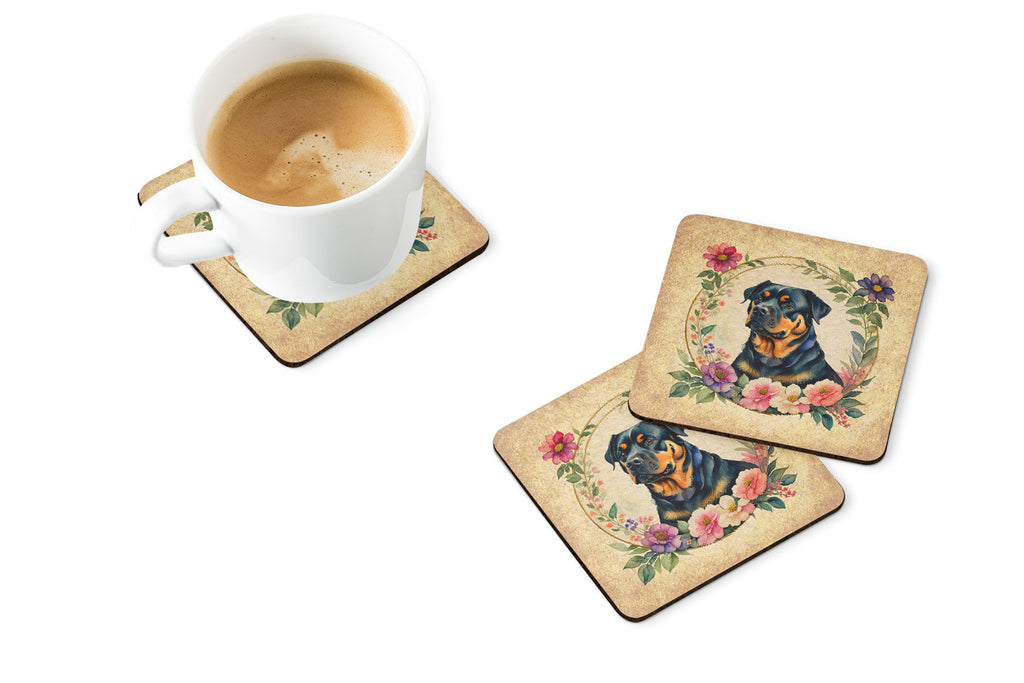 Rottweiler and Flowers Foam Coasters Set of 4 Cup Coasters for Indoor Outdoor, Tabletop Protection, Anti Slip, Mouse pad Material
