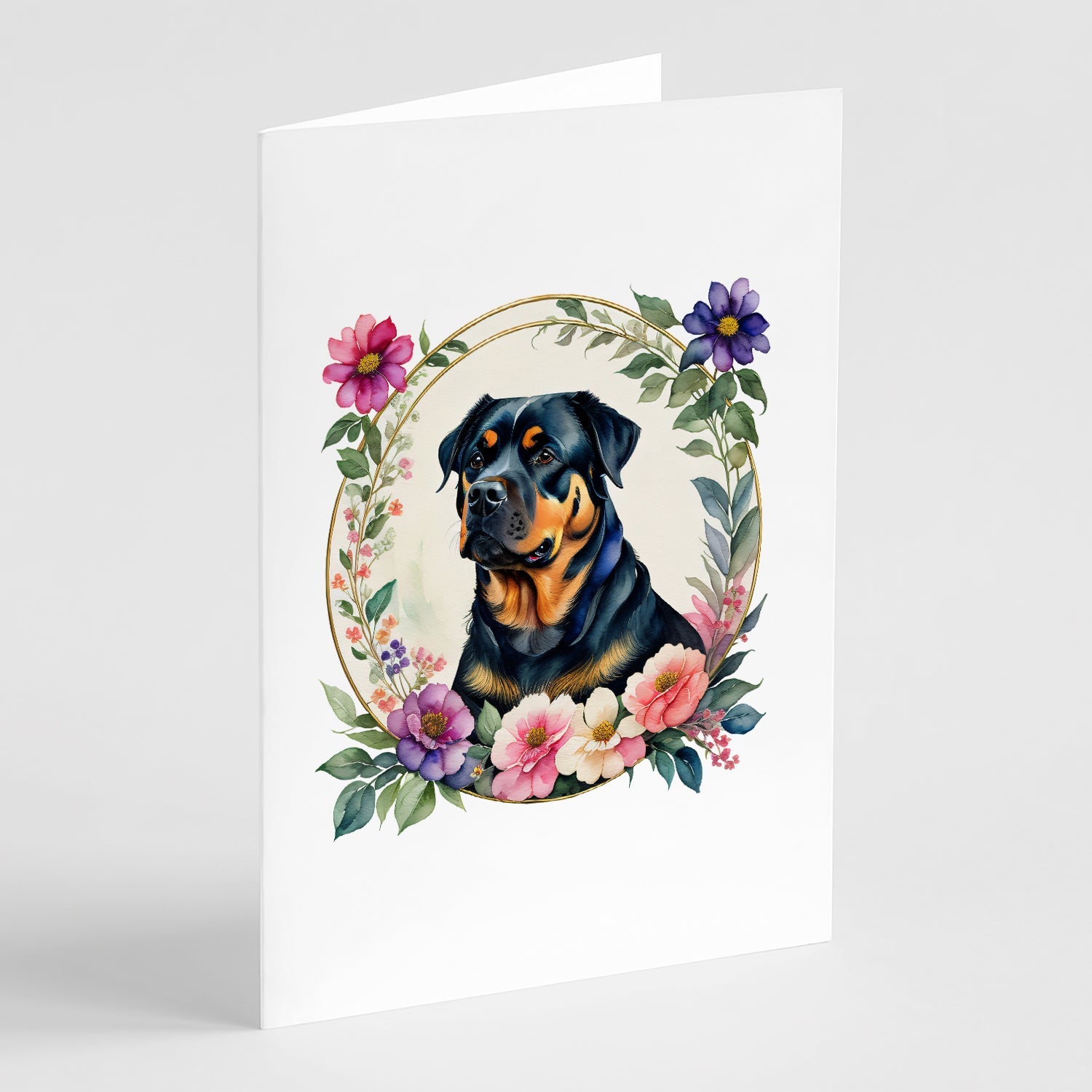 Rottweiler and Flowers Greeting Cards Pack of 8 Blank Cards with Envelopes Whimsical A7 Size 5x7