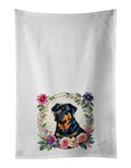 Rottweiler and Flowers Kitchen Towel Set of 2 White Dish Towels Decorative Bathroom Hand towel for Hand, Face, Hair, Yoga, Tea, Dishcloth, 19 X 28", White