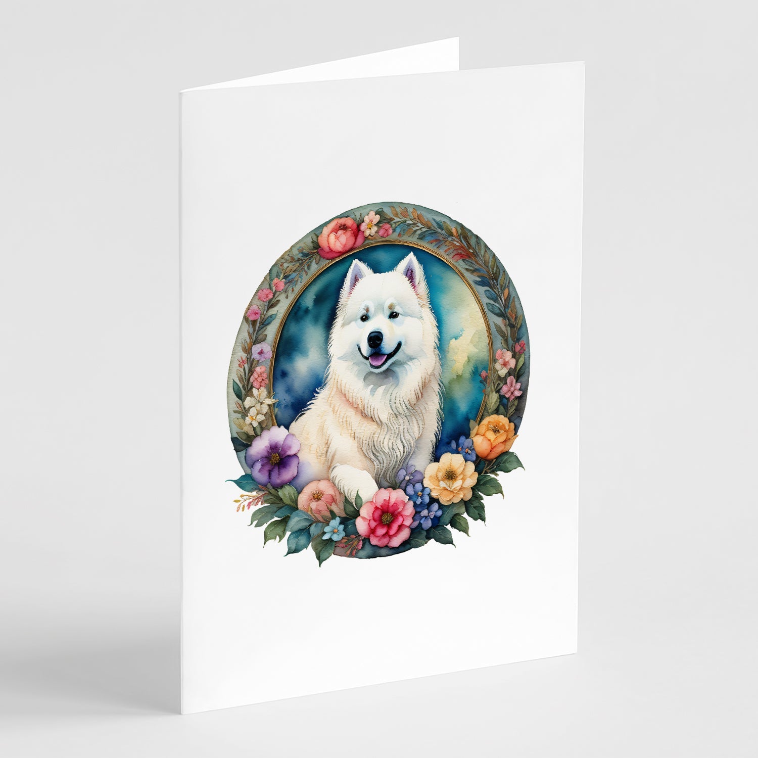 Samoyed and Flowers Greeting Cards Pack of 8 Blank Cards with Envelopes Whimsical A7 Size 5x7