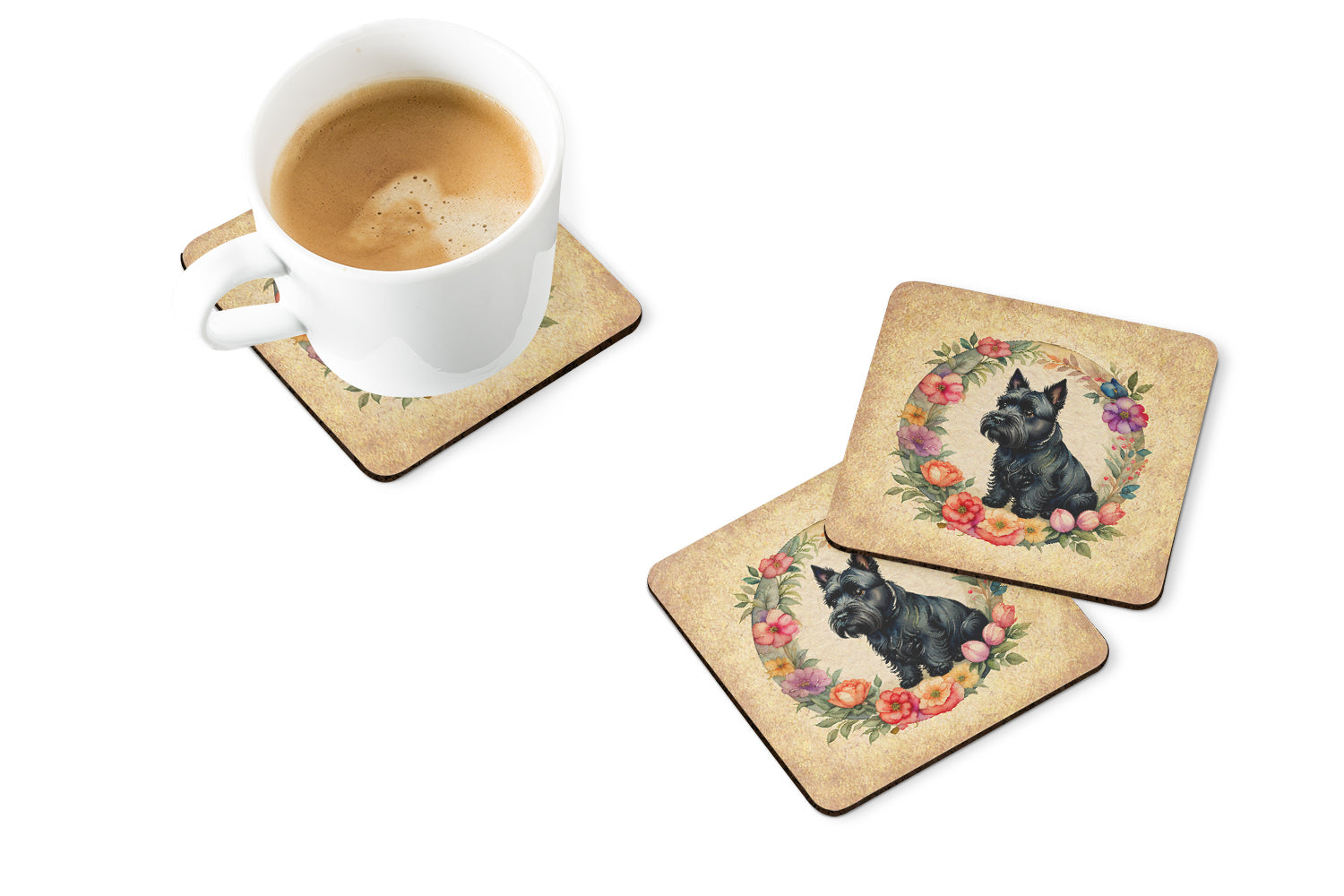 Scottish Terrier and Flowers Foam Coasters Set of 4 Cup Coasters for Indoor Outdoor, Tabletop Protection, Anti Slip, Mouse pad Material