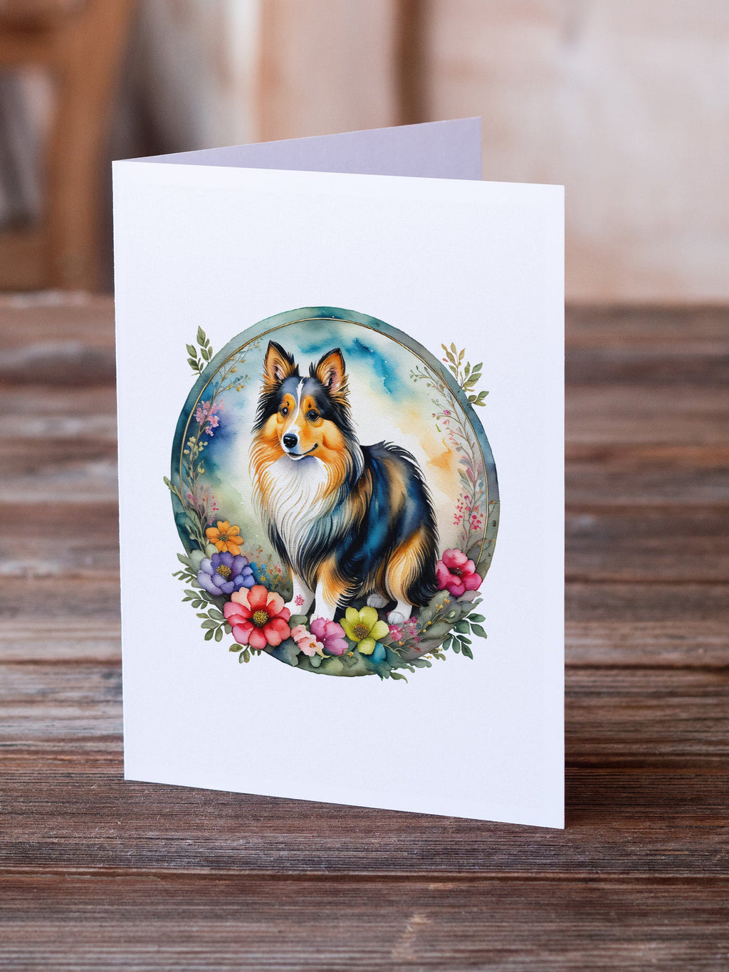 Sheltie and Flowers Greeting Cards Pack of 8 Blank Cards with Envelopes Whimsical A7 Size 5x7