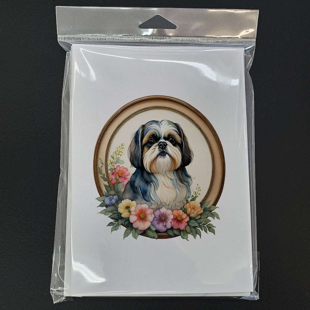 Shih Tzu and Flowers Greeting Cards Pack of 8 Blank Cards with Envelopes Whimsical A7 Size 5x7