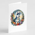 Siberian Husky and Flowers Greeting Cards Pack of 8 Blank Cards with Envelopes Whimsical A7 Size 5x7