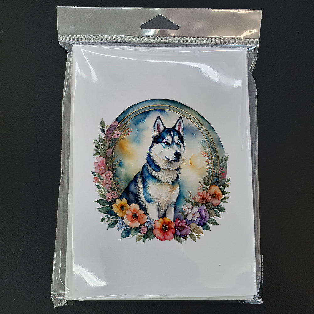 Siberian Husky and Flowers Greeting Cards Pack of 8 Blank Cards with Envelopes Whimsical A7 Size 5x7