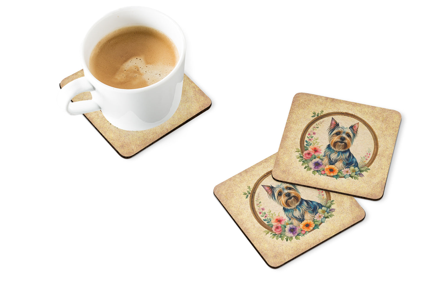 Silky Terrier and Flowers Foam Coasters Set of 4 Cup Coasters for Indoor Outdoor, Tabletop Protection, Anti Slip, Mouse pad Material