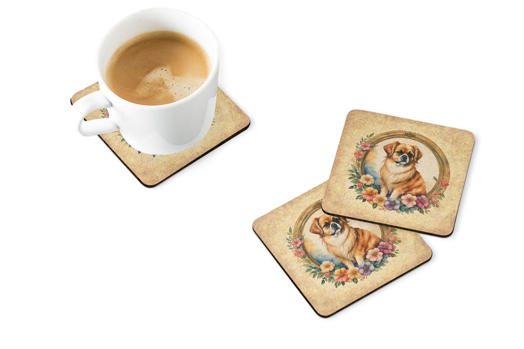 Tibetan Spaniel and Flowers Foam Coasters Set of 4 Cup Coasters for Indoor Outdoor, Tabletop Protection, Anti Slip, Mouse pad Material
