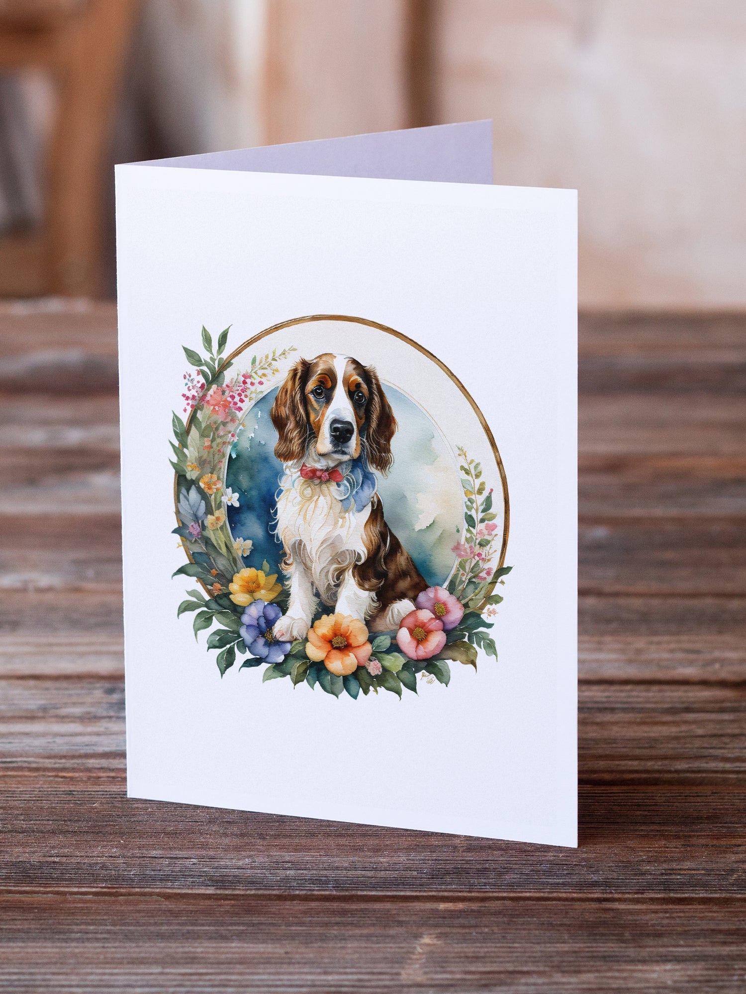 Welsh Springer Spaniel and Flowers Greeting Cards Pack of 8 Blank Cards with Envelopes Whimsical A7 Size 5x7