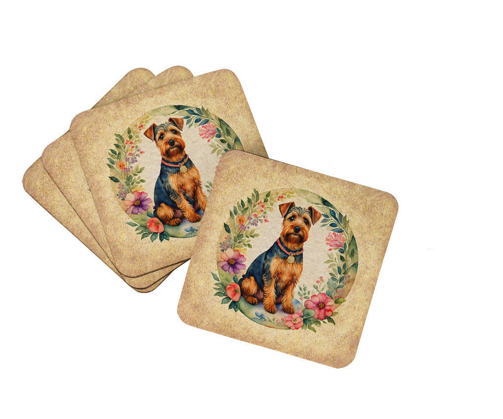 Welsh Terrier and Flowers Foam Coasters Set of 4 Cup Coasters for Indoor Outdoor, Tabletop Protection, Anti Slip, Mouse pad Material