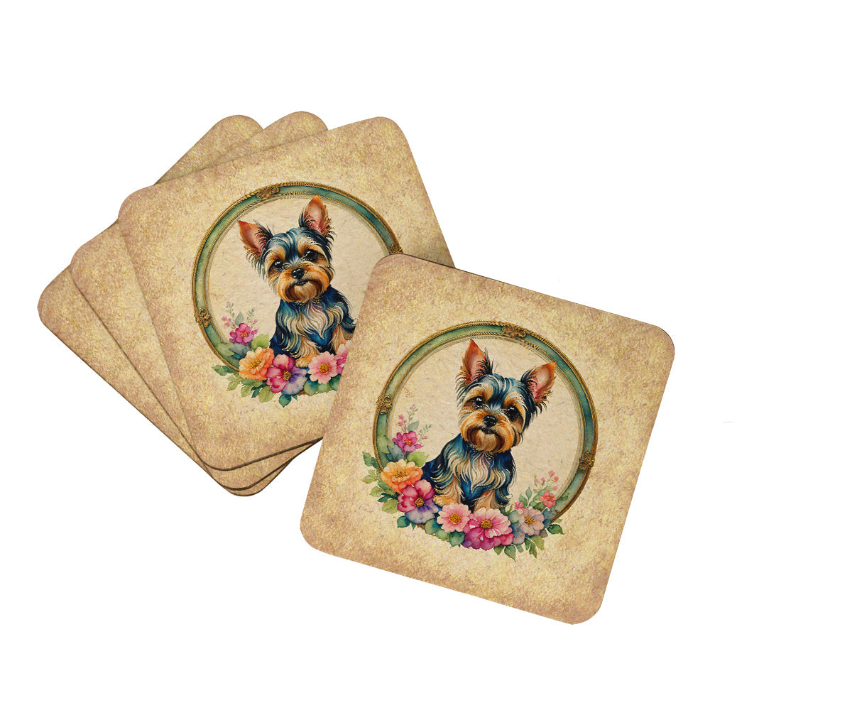 Yorkshire Terrier and Flowers Foam Coasters Set of 4 Cup Coasters for Indoor Outdoor, Tabletop Protection, Anti Slip, Mouse pad Material