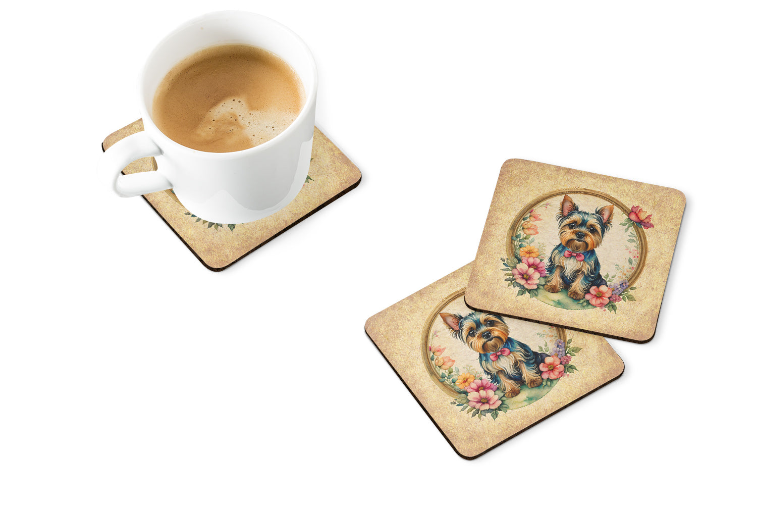 Yorkshire Terrier and Flowers Foam Coasters Set of 4 Cup Coasters for Indoor Outdoor, Tabletop Protection, Anti Slip, Mouse pad Material