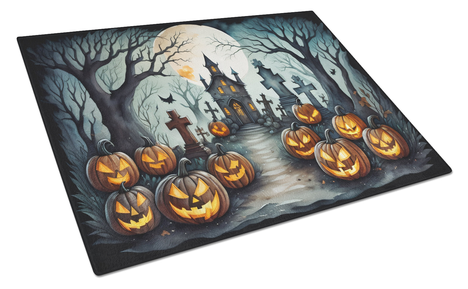 Graveyard Spooky Halloween Cutting Board Tempered Glass Kitchen Cutting Surface, Heat Resistant Chopping, Non-Slip Feet, Food Prep & Serving