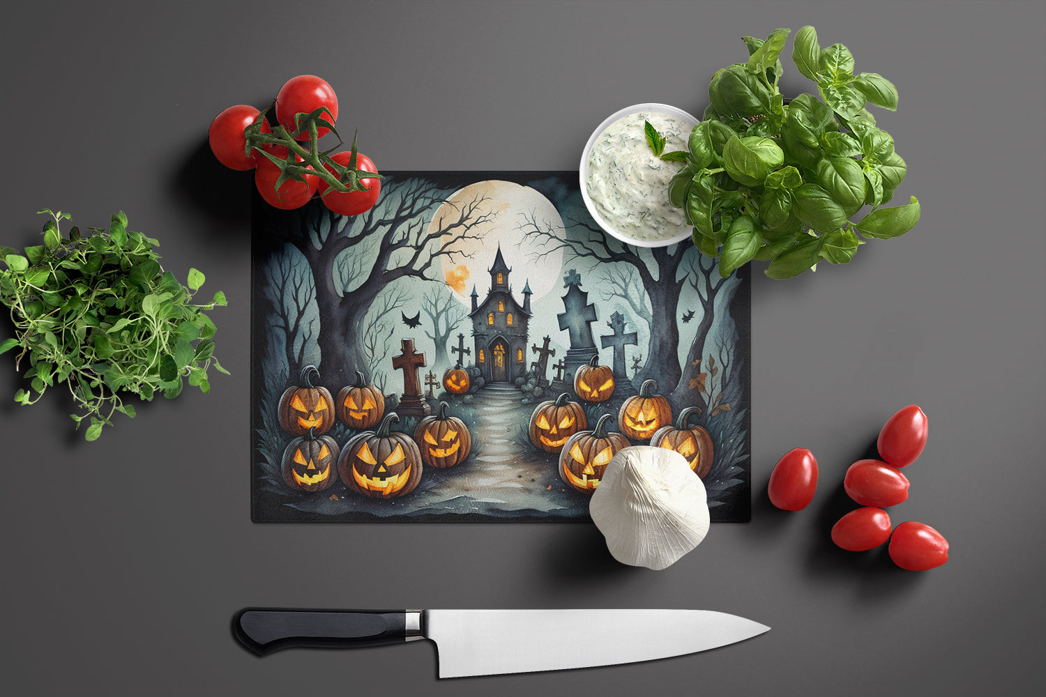 Graveyard Spooky Halloween Cutting Board Tempered Glass Kitchen Cutting Surface, Heat Resistant Chopping, Non-Slip Feet, Food Prep & Serving