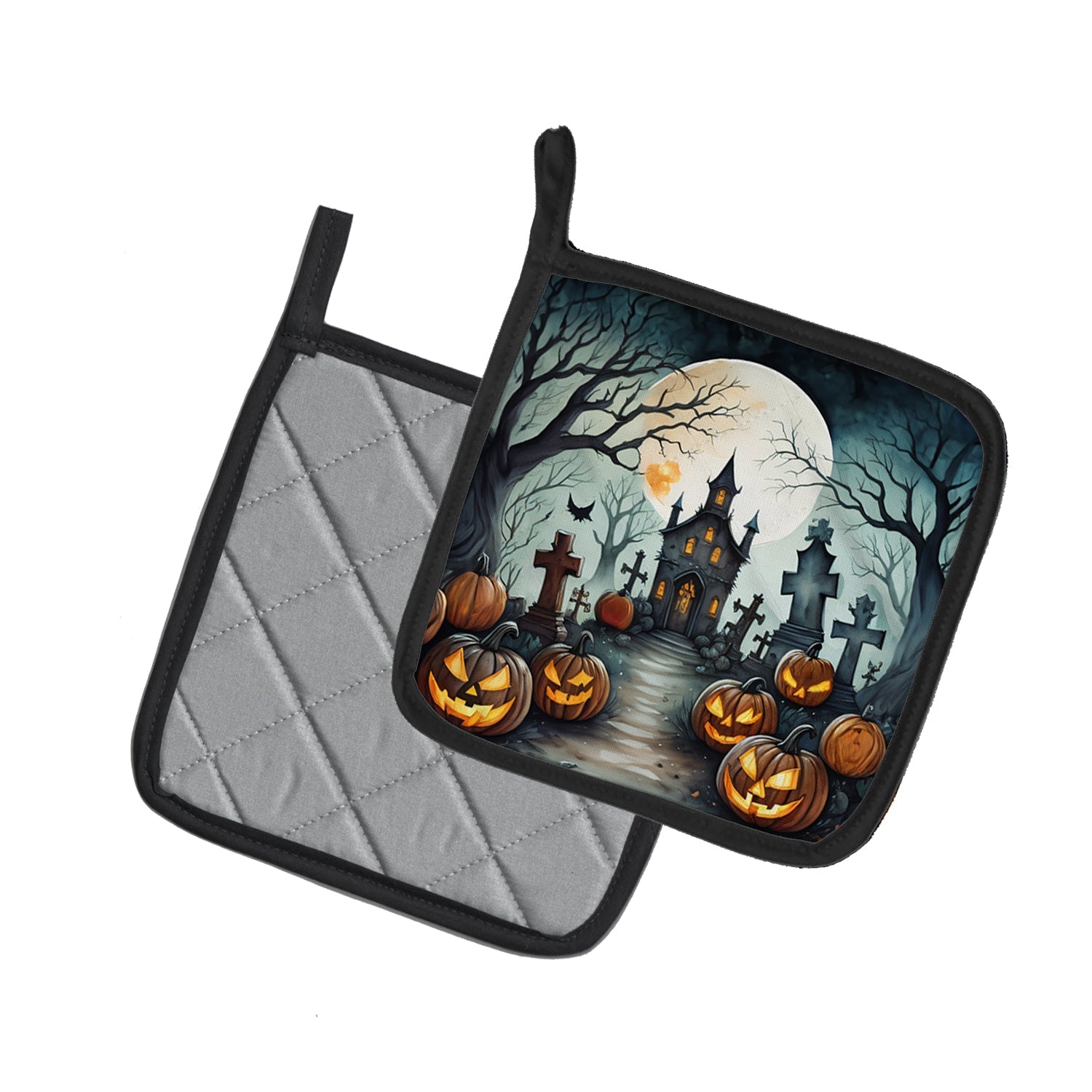 Graveyard Spooky Halloween Pot Holder Set of 2 Heat Resistant Quilted Hot Pads 7.5 x 7.5 Inch, Insulated Kitchen Trivets for Cooking & Baking