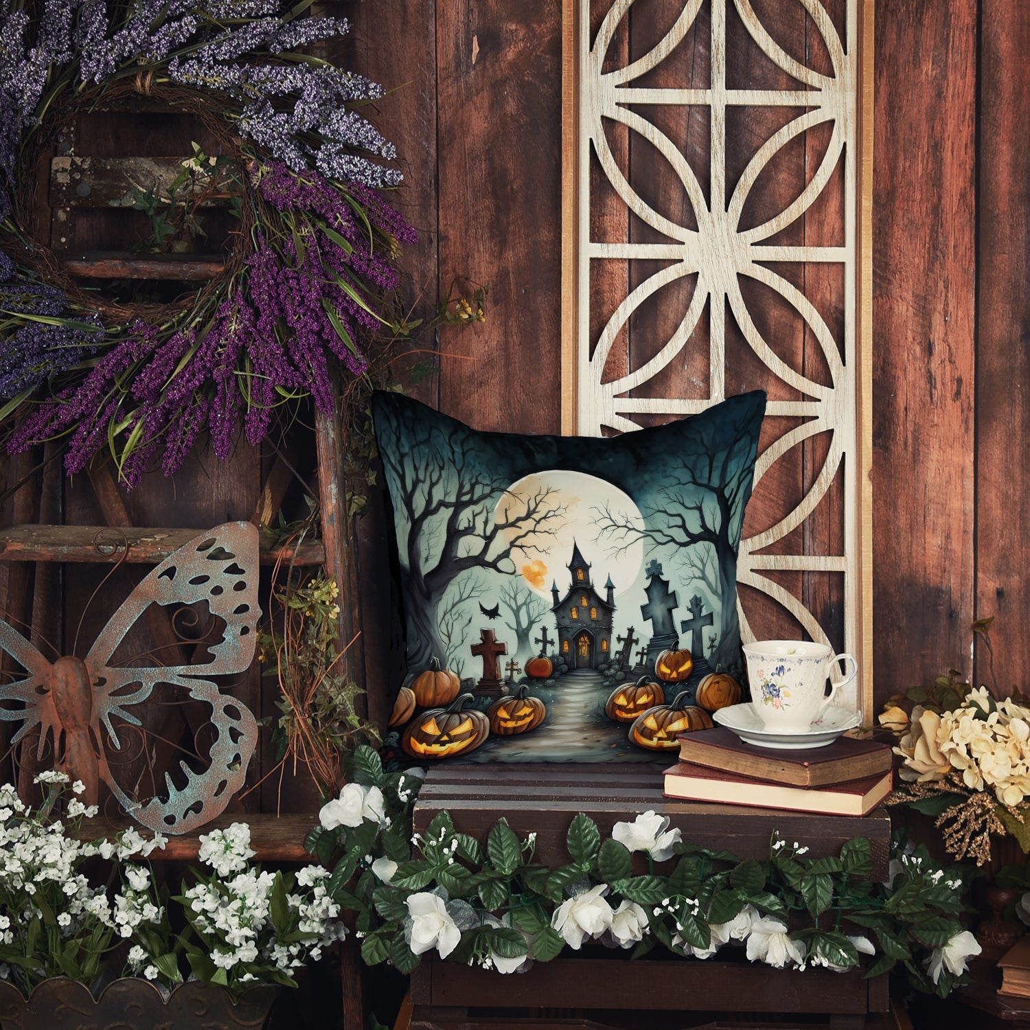 Graveyard Spooky Halloween Decorative Throw Pillow 14x14 Indoor Outdoor Accent Cushion, Fabric Cover with Insert for Sofa, Bed, Porch & Living Room