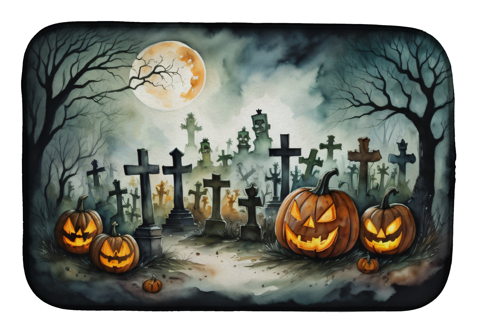 Graveyard Spooky Halloween Dish Drying Mat Absorbent Dish Drying Mat Pad for Kitchen Counter Dish Drainer Mat for Countertop, 14 x 21", Multicolor