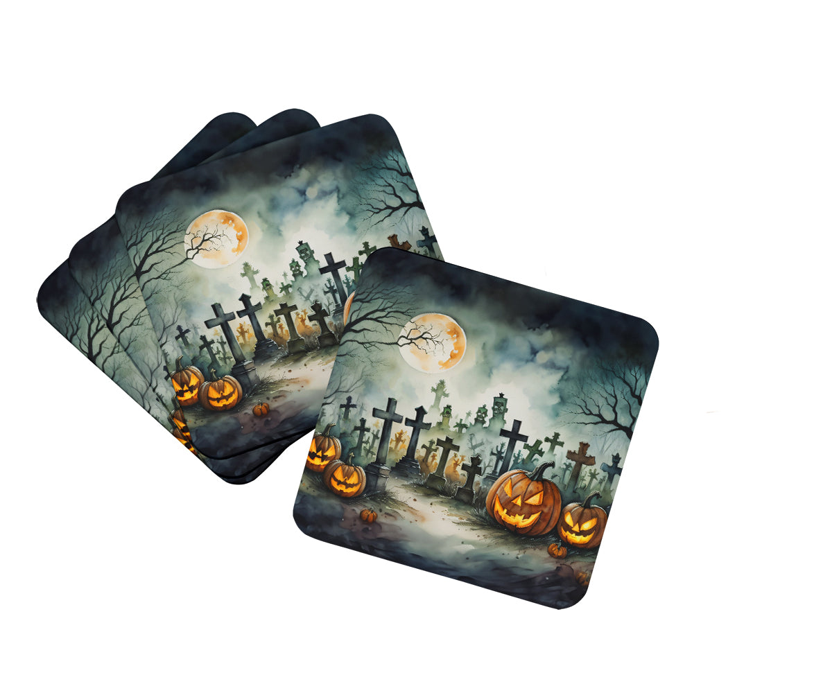Graveyard Spooky Halloween Foam Coasters Set of 4 Cup Coasters for Indoor Outdoor, Tabletop Protection, Anti Slip, Mouse pad Material