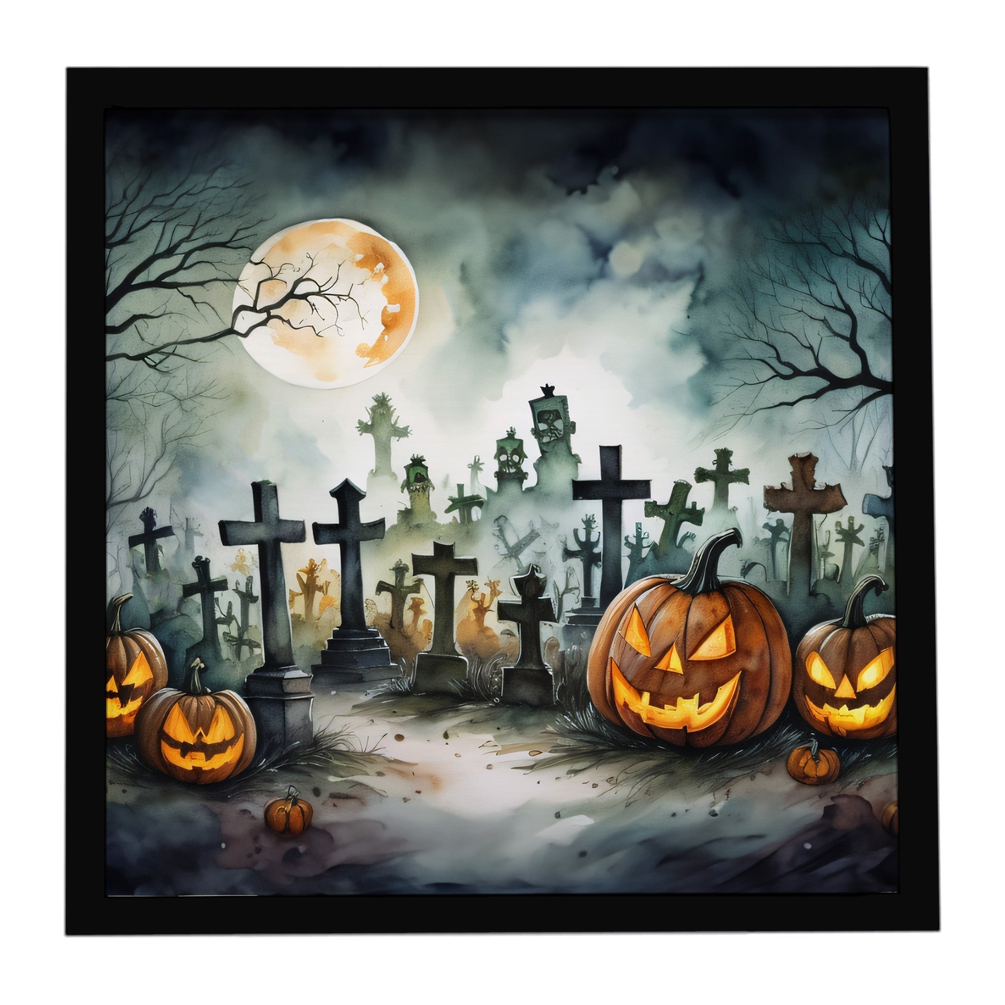 Graveyard Spooky Halloween Framed Metal Print Bathroom, Kitchen, Office, Home Decor Wall Art Ready to Hang, Square, 8X8