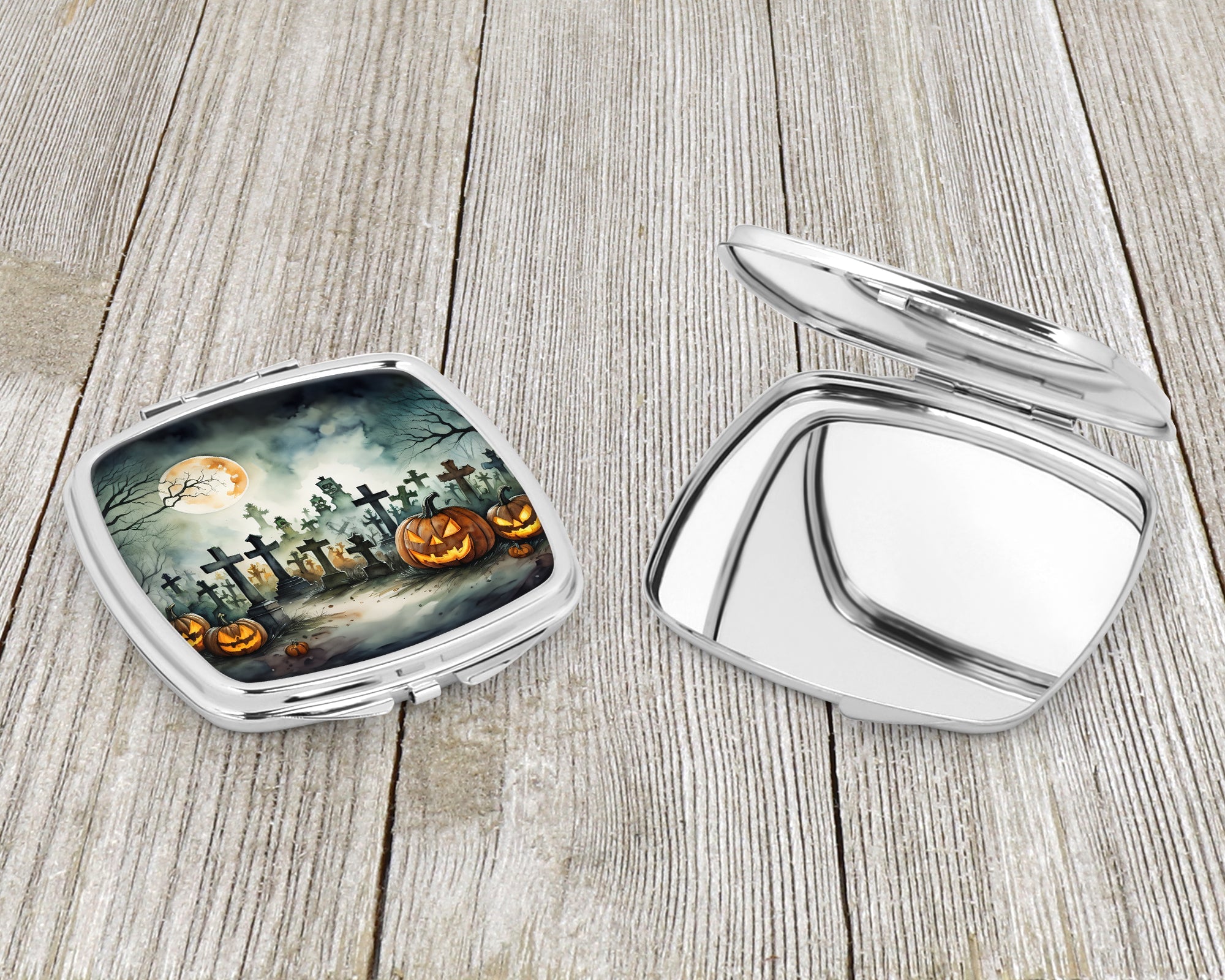 Graveyard Spooky Halloween Compact Mirror Decorative Travel Makeup Mirror for Women Girls Gifts Pocket Makeup Mirror Folding Handheld