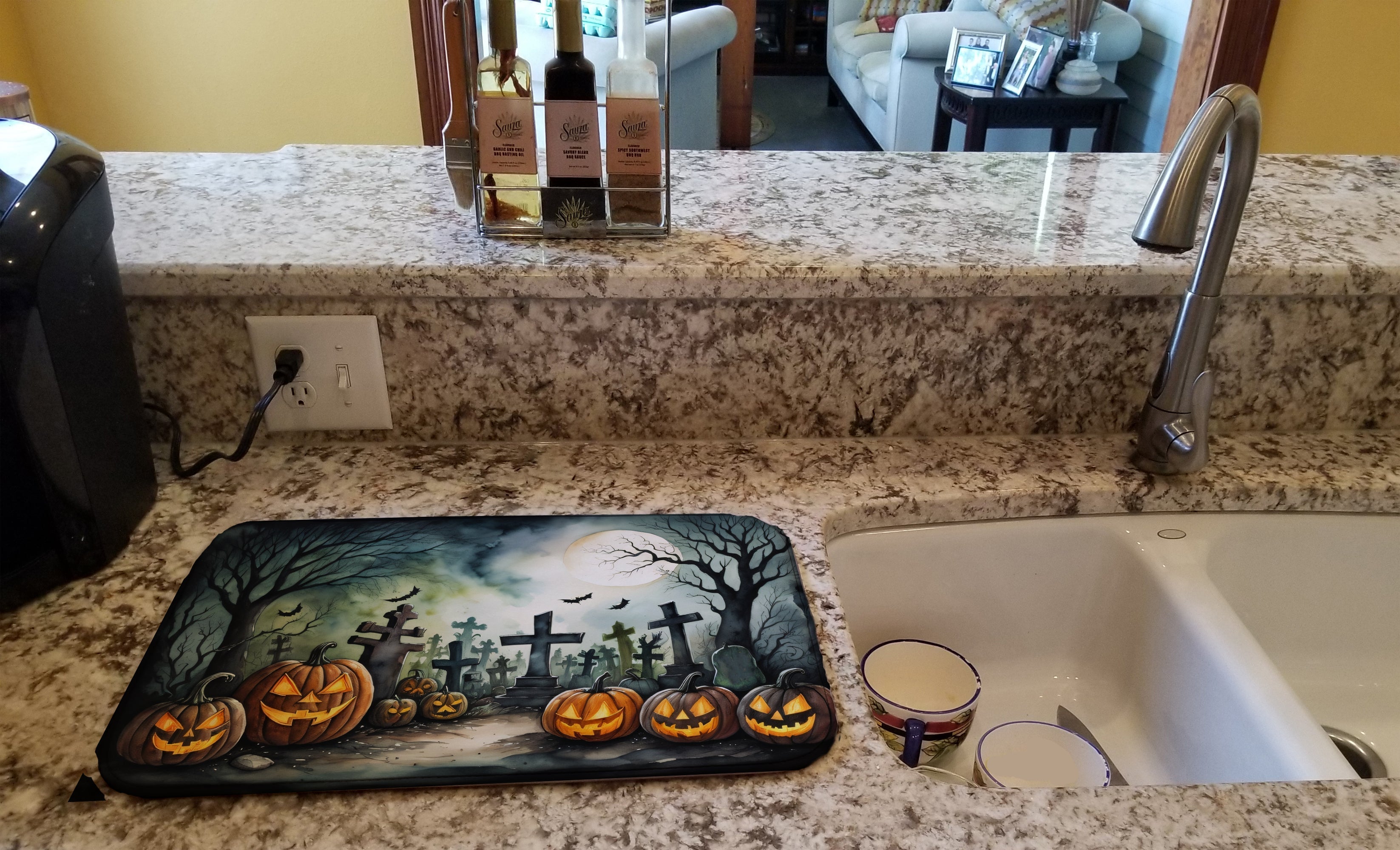 Graveyard Spooky Halloween Dish Drying Mat Absorbent Dish Drying Mat Pad for Kitchen Counter Dish Drainer Mat for Countertop, 14 x 21", Multicolor