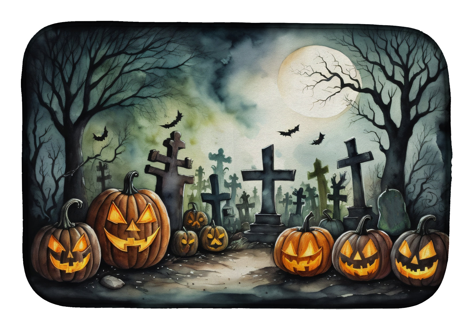 Graveyard Spooky Halloween Dish Drying Mat Absorbent Dish Drying Mat Pad for Kitchen Counter Dish Drainer Mat for Countertop, 14 x 21", Multicolor